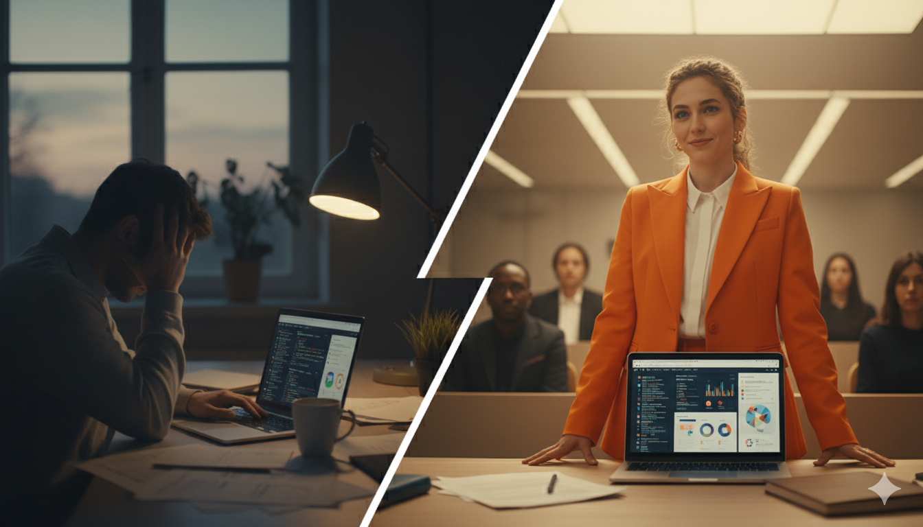 Transformation from idea to MVP - showing a developer working on code transforming into a confident professional presenting successful results